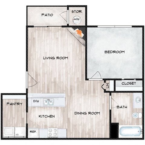 Floor plan for 1 bed, 1 bath, 708 sqft